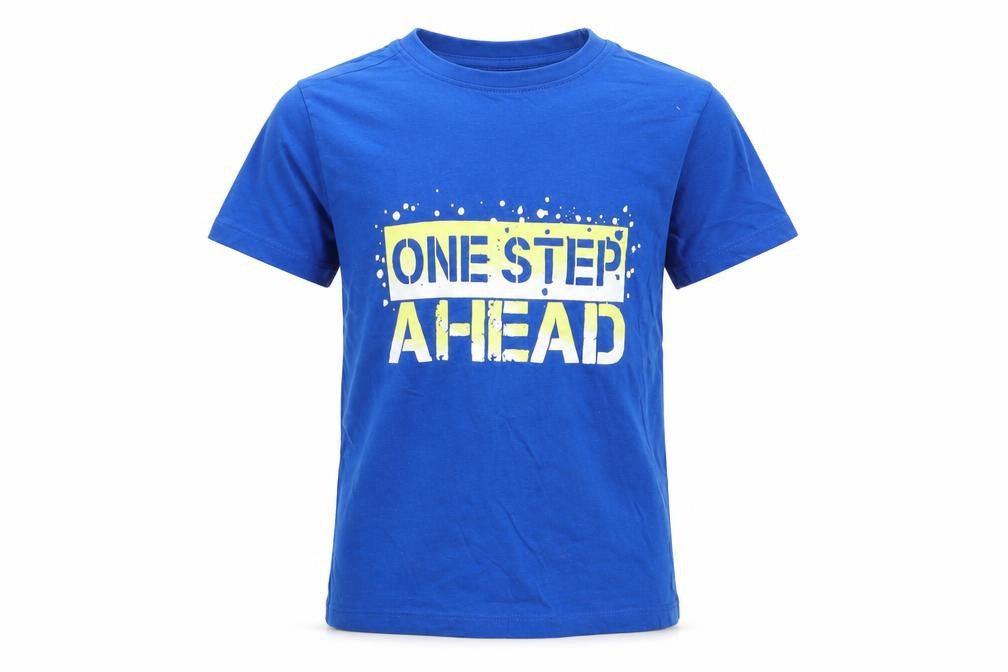 Front view of Urban Outlaws boys’ blue cotton basic t-shirt, size 7-8, years round neck - one step ahead