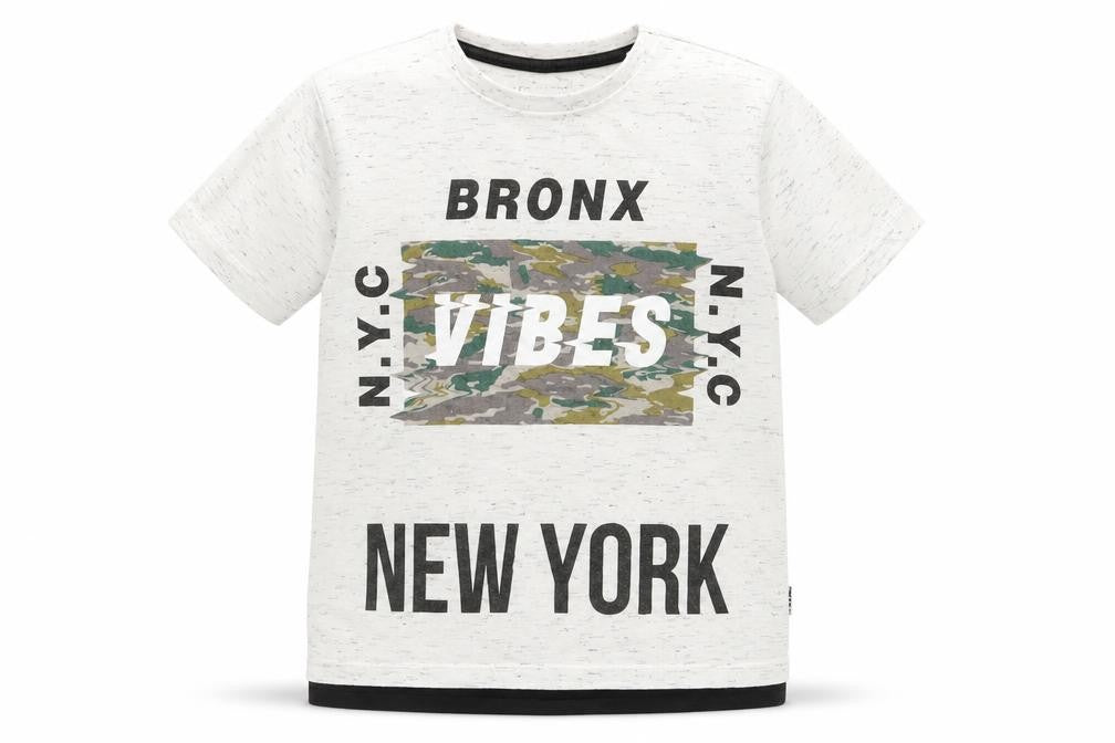 Front view of Primark boys’ white basic t-shirt, size 6-7, years round neck - bronx vibes black fleck
