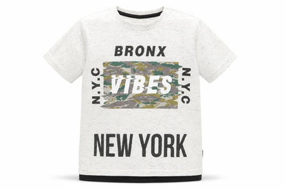 Front view of Primark boys’ white basic t-shirt, size 6-7, years round neck - bronx vibes black fleck
