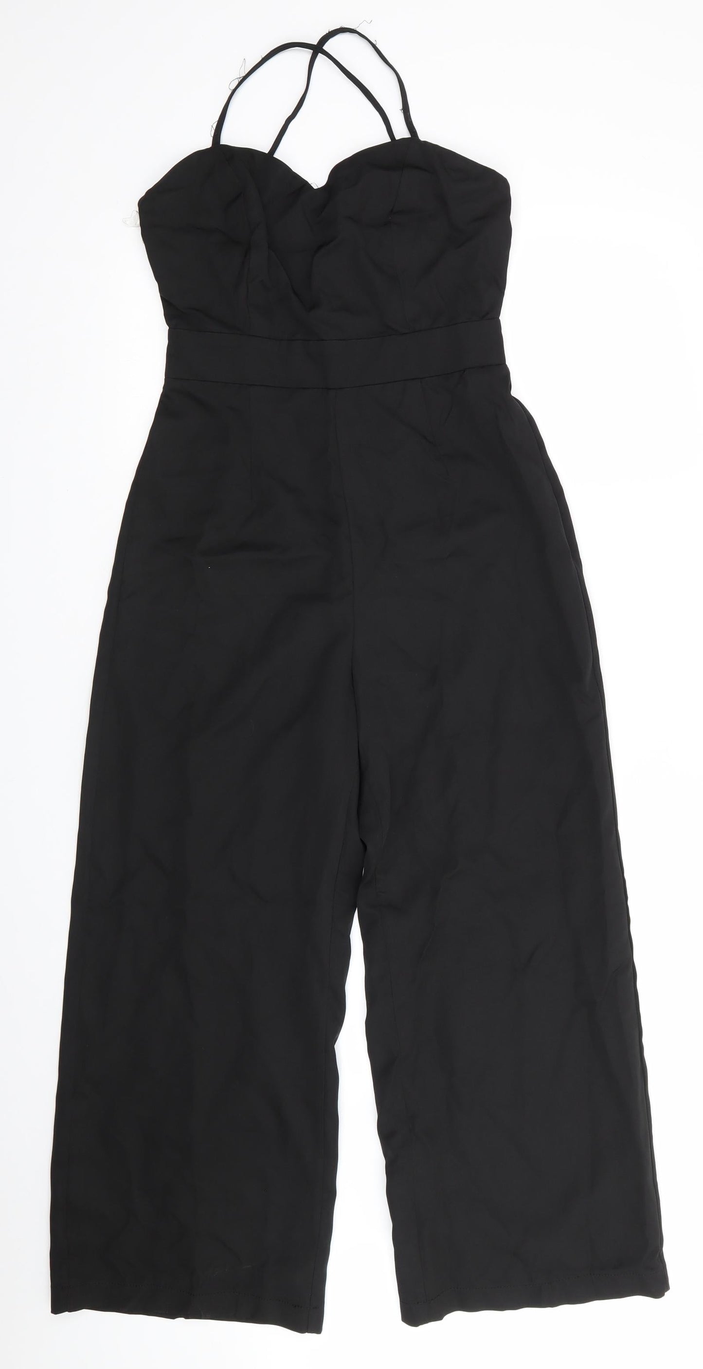 Boohoo Womens Black  Polyester Jumpsuit One-Piece Size 8 L25 in  - Back Zip Cross Over Straps Cropped