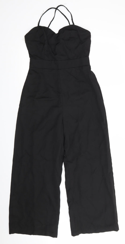 Boohoo Womens Black  Polyester Jumpsuit One-Piece Size 8 L25 in  - Back Zip Cross Over Straps Cropped
