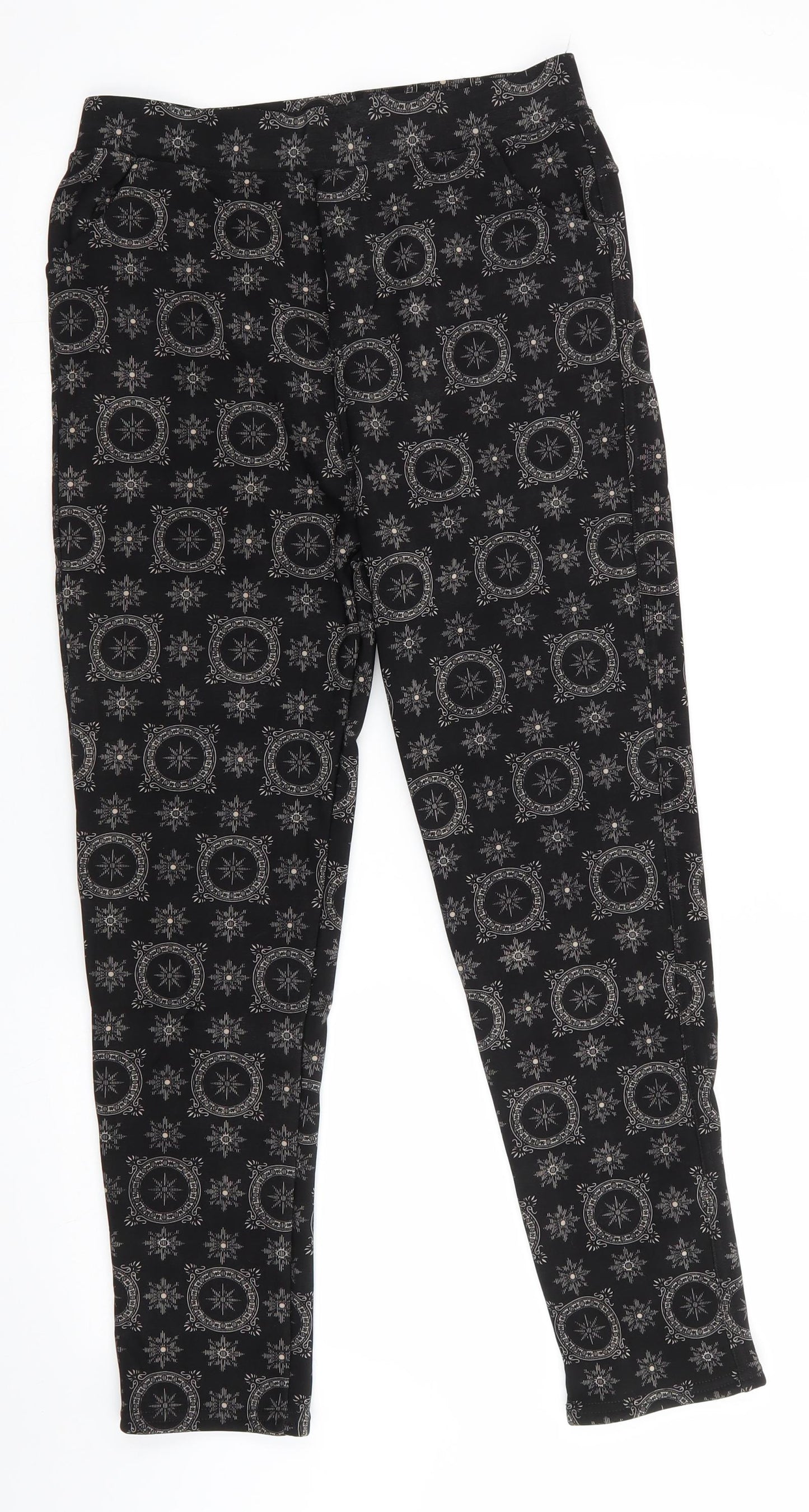 Push Up Womens Black Geometric Cotton Cropped Trousers Size L L25.5 in Regular  - Faux Fur Lined Compass like design