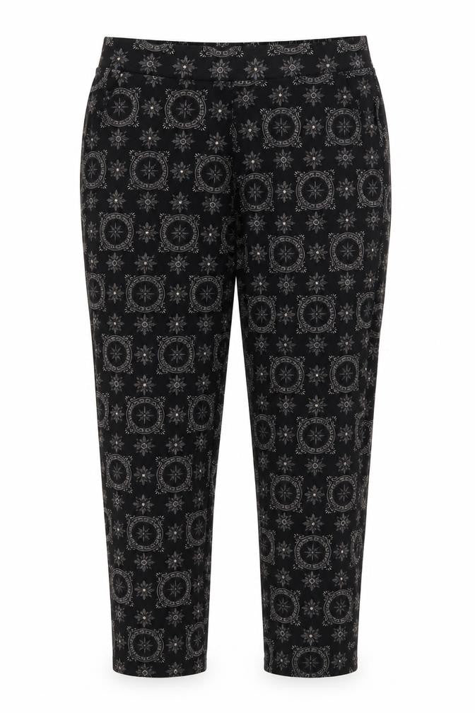 Front view of Push Up women’s black geometric cotton cropped trousers, size L regular - faux fur lined compass like design