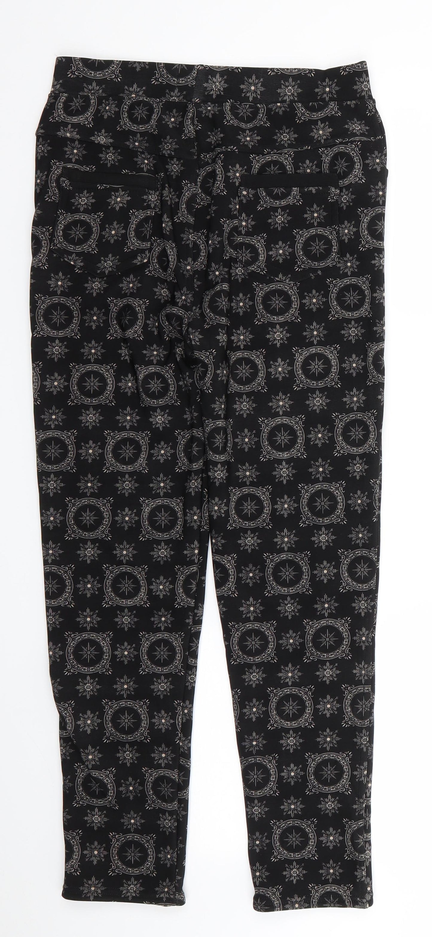 Push Up Womens Black Geometric Cotton Cropped Trousers Size L L25.5 in Regular  - Faux Fur Lined Compass like design