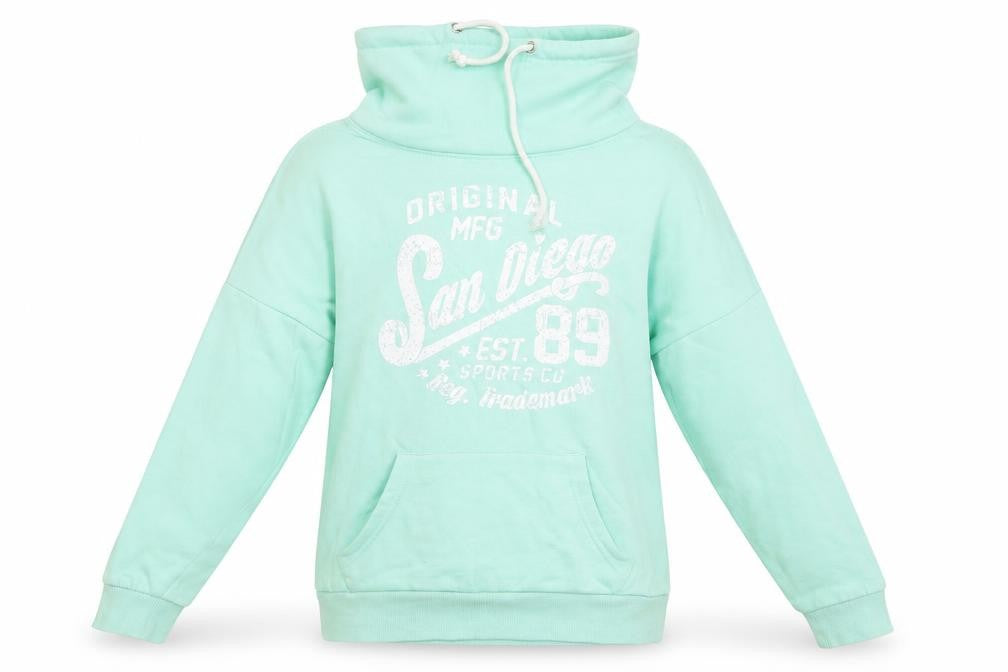 Front view of Atmosphere women’s green cotton pullover sweatshirt, size UK 6, - mint green san diego funnel neck