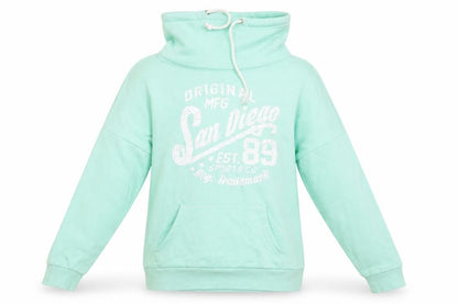 Front view of Atmosphere women’s green cotton pullover sweatshirt, size UK 6, - mint green san diego funnel neck