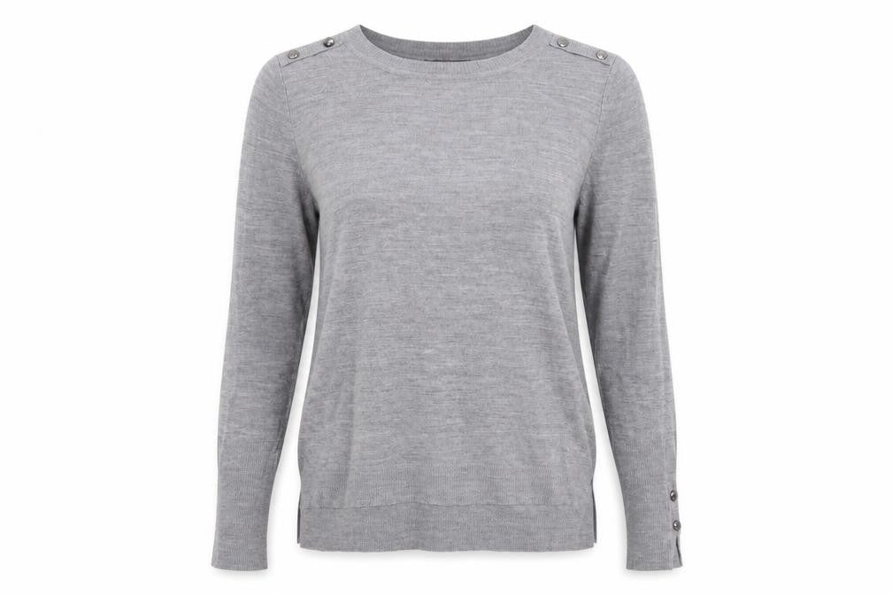 Front view of Primark women’s grey crew neck acrylic jumper, size XS, - mid grey mix