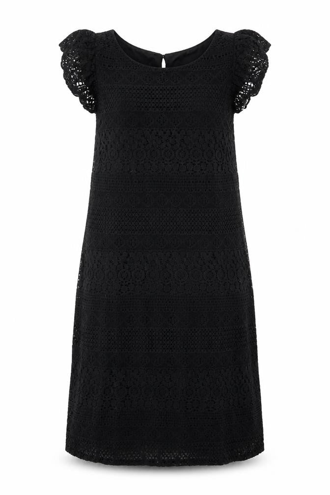 Front view of Atmosphere women’s black floral cotton a-line, size UK 6, round neck - lace overlay dress