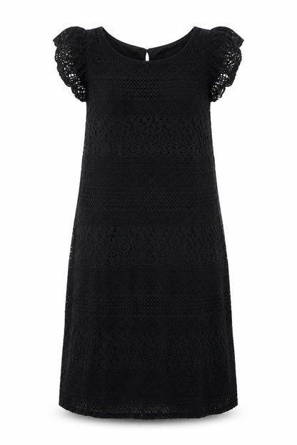 Front view of Atmosphere women’s black floral cotton a-line, size UK 6, round neck - lace overlay dress