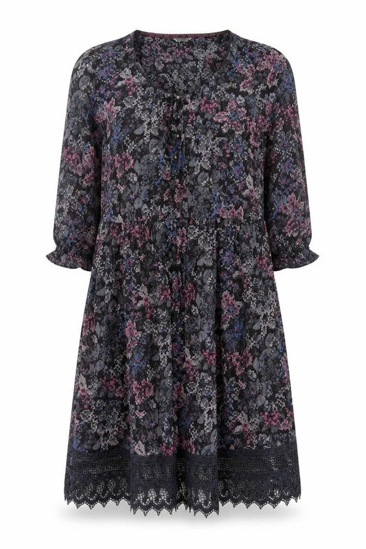 Front view of Indigo women’s grey geometric modal a-line, size UK 14, round neck