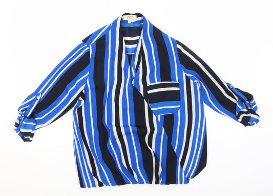 Papaya Womens Blue Striped Polyester Basic Blouse Size 8 Round Neck