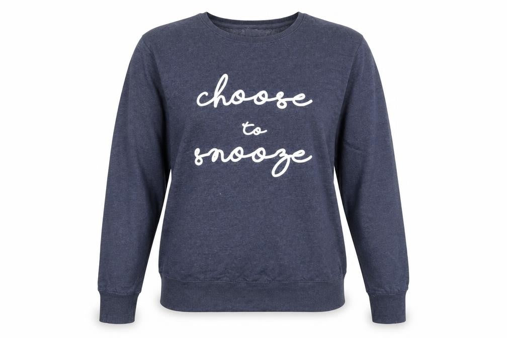 Front view of Avenue women’s blue round neck cotton jumper, size UK 16, - choose to snooze