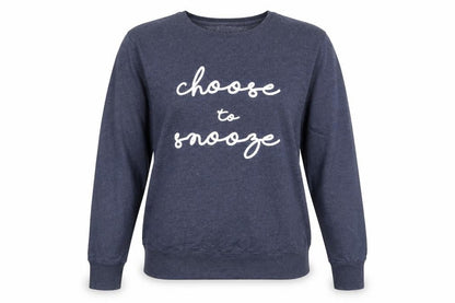 Front view of Avenue women’s blue round neck cotton jumper, size UK 16, - choose to snooze