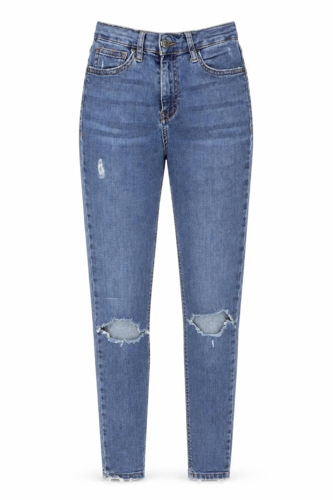Front view of Topshop women’s blue cotton skinny jeans, size UK 25, 30-inch leg regular