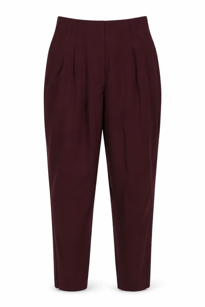 Front view of Miss Selfridge women’s red polyester carrot trousers, size UK 8, 23-inch leg regular