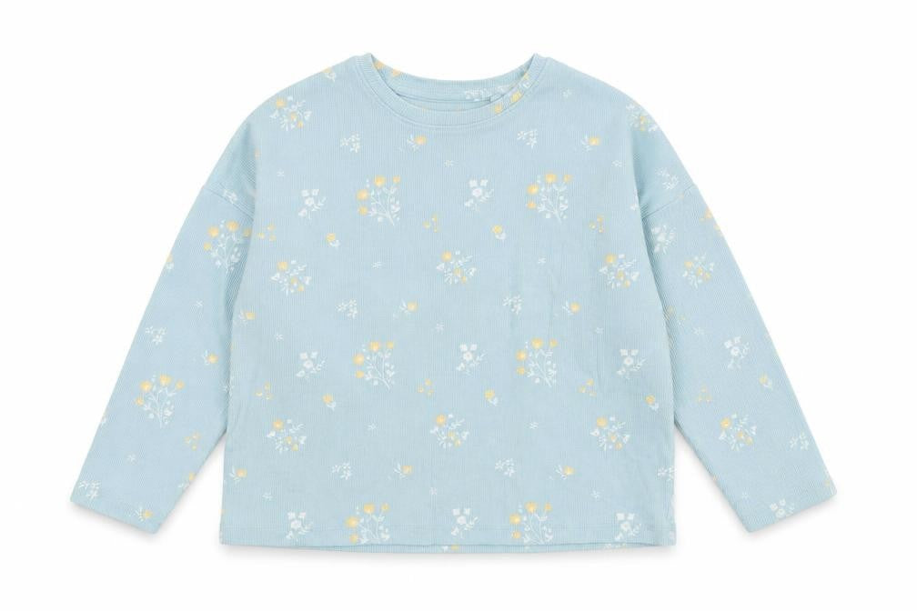 Front view of Next girls’ blue round neck floral cotton jumper, size 5, years