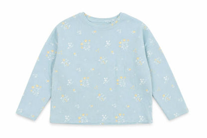 Front view of Next girls’ blue round neck floral cotton jumper, size 5, years