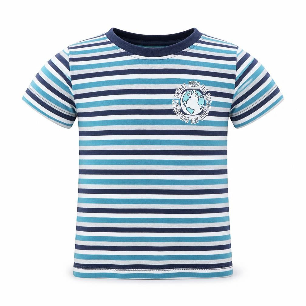 Front view of Lily&Dan boys’ blue striped cotton basic t-shirt, size 5-6, years round neck