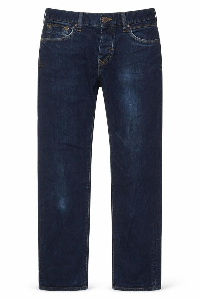 Front view of River Island men’s blue cotton straight jeans, size 28, in, 30-inch leg regular