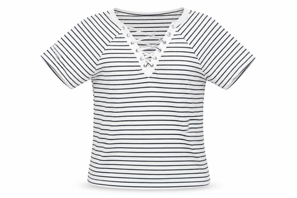 Front view of Atmosphere women’s white striped polyester basic t-shirt, size UK 6, v-neck