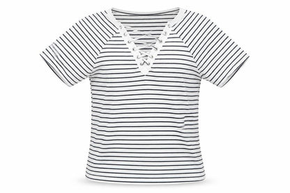 Front view of Atmosphere women’s white striped polyester basic t-shirt, size UK 6, v-neck
