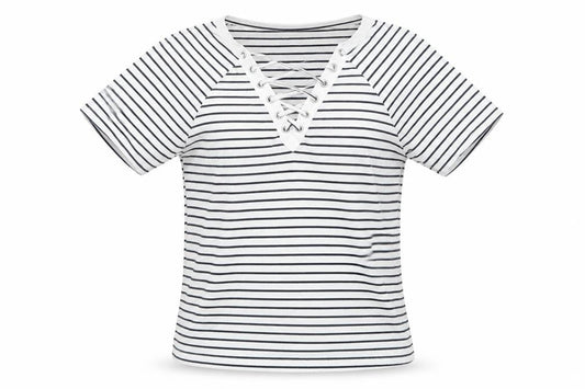 Front view of Atmosphere women’s white striped polyester basic t-shirt, size UK 6, v-neck