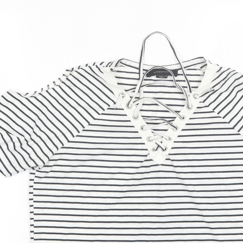 Atmosphere Womens White Striped Polyester Basic T-Shirt Size 6 V-Neck
