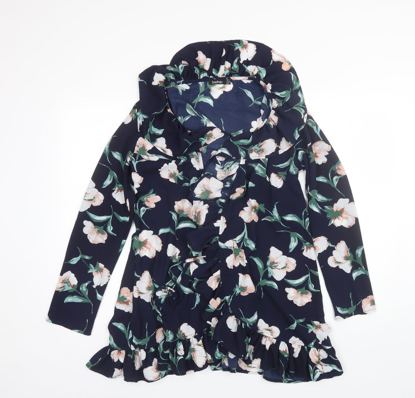 Boohoo Womens Blue Collared Floral Polyester Shrug Jumper Size 10