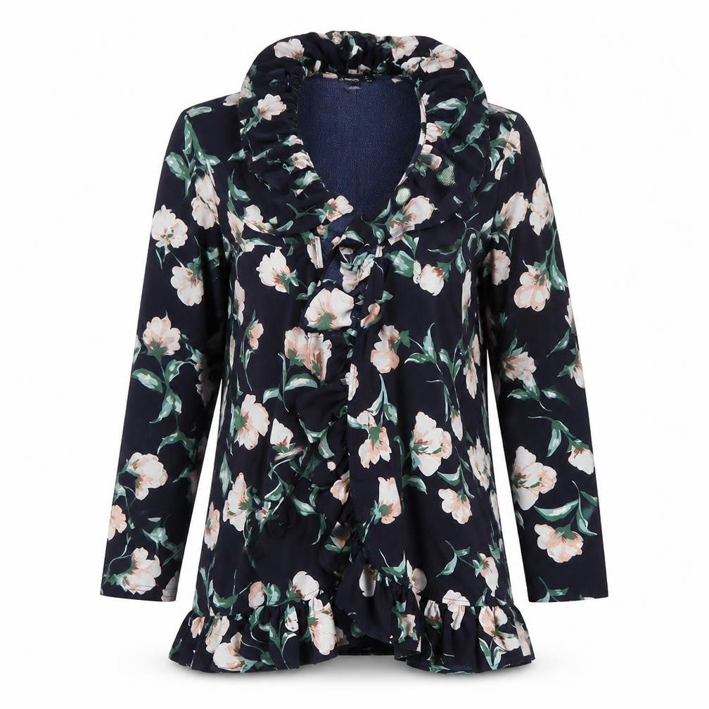 Front view of Boohoo women’s blue collared floral polyester shrug jumper, size UK 10