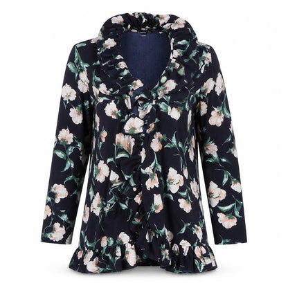 Front view of Boohoo women’s blue collared floral polyester shrug jumper, size UK 10