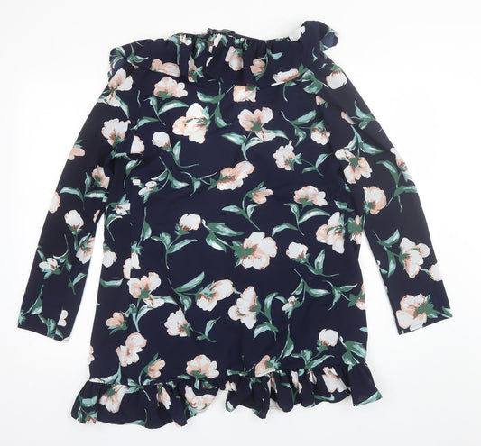 Boohoo Womens Blue Collared Floral Polyester Shrug Jumper Size 10