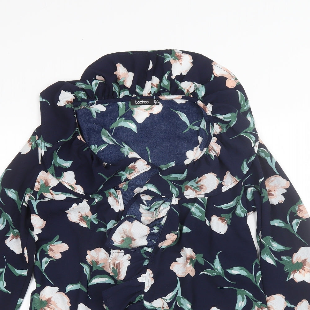 Boohoo Womens Blue Collared Floral Polyester Shrug Jumper Size 10