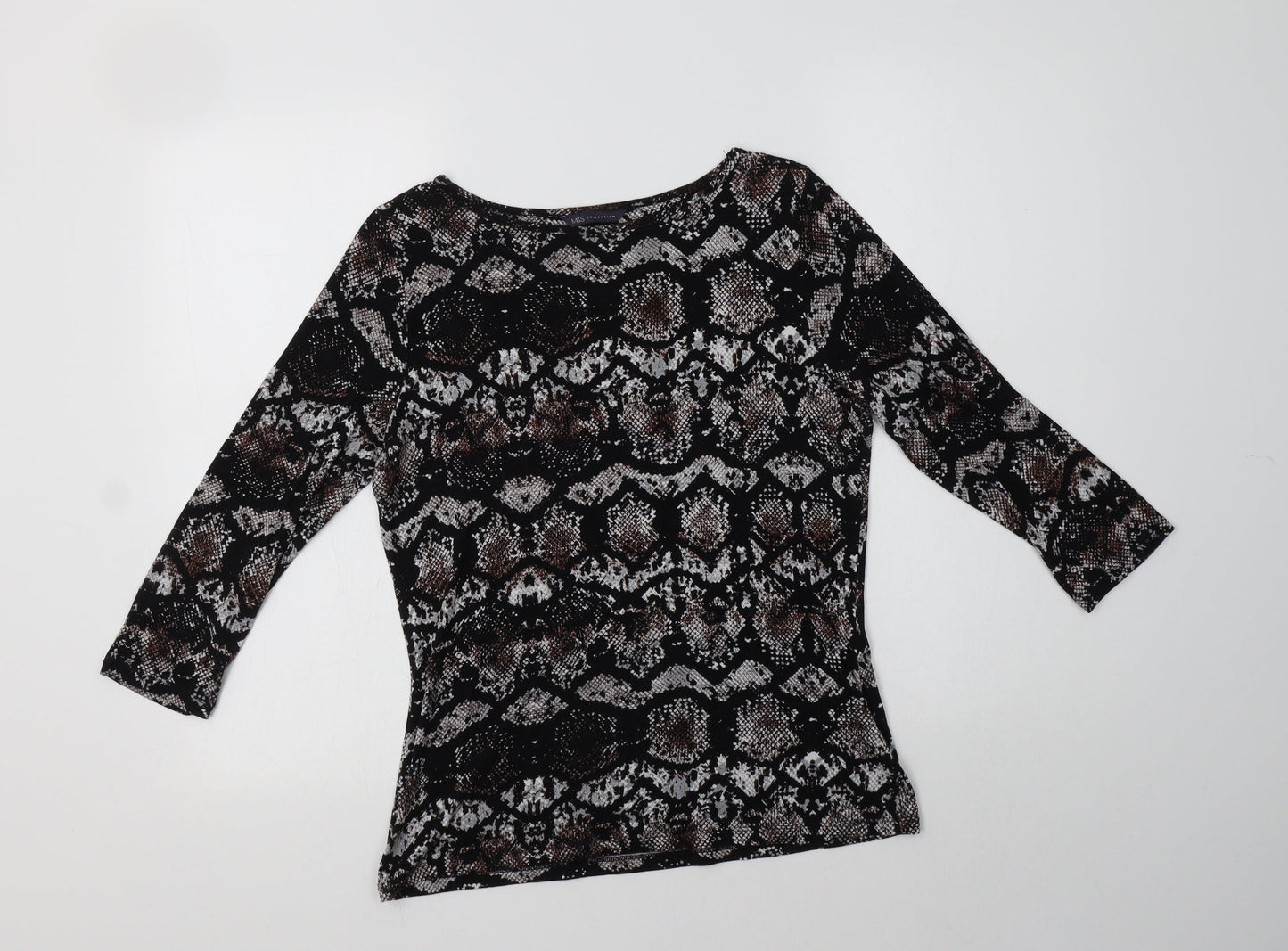 M&S Womens Black Animal Print Viscose Basic Blouse Size 12 Boat Neck