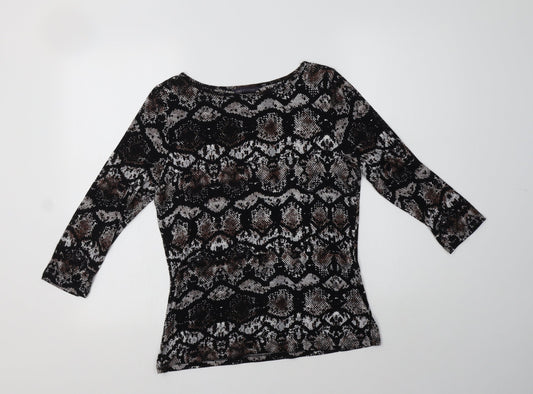 M&S Womens Black Animal Print Viscose Basic Blouse Size 12 Boat Neck