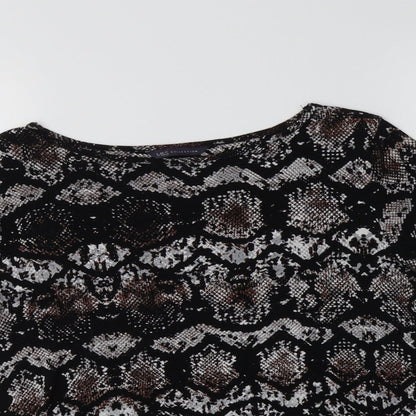 M&S Womens Black Animal Print Viscose Basic Blouse Size 12 Boat Neck
