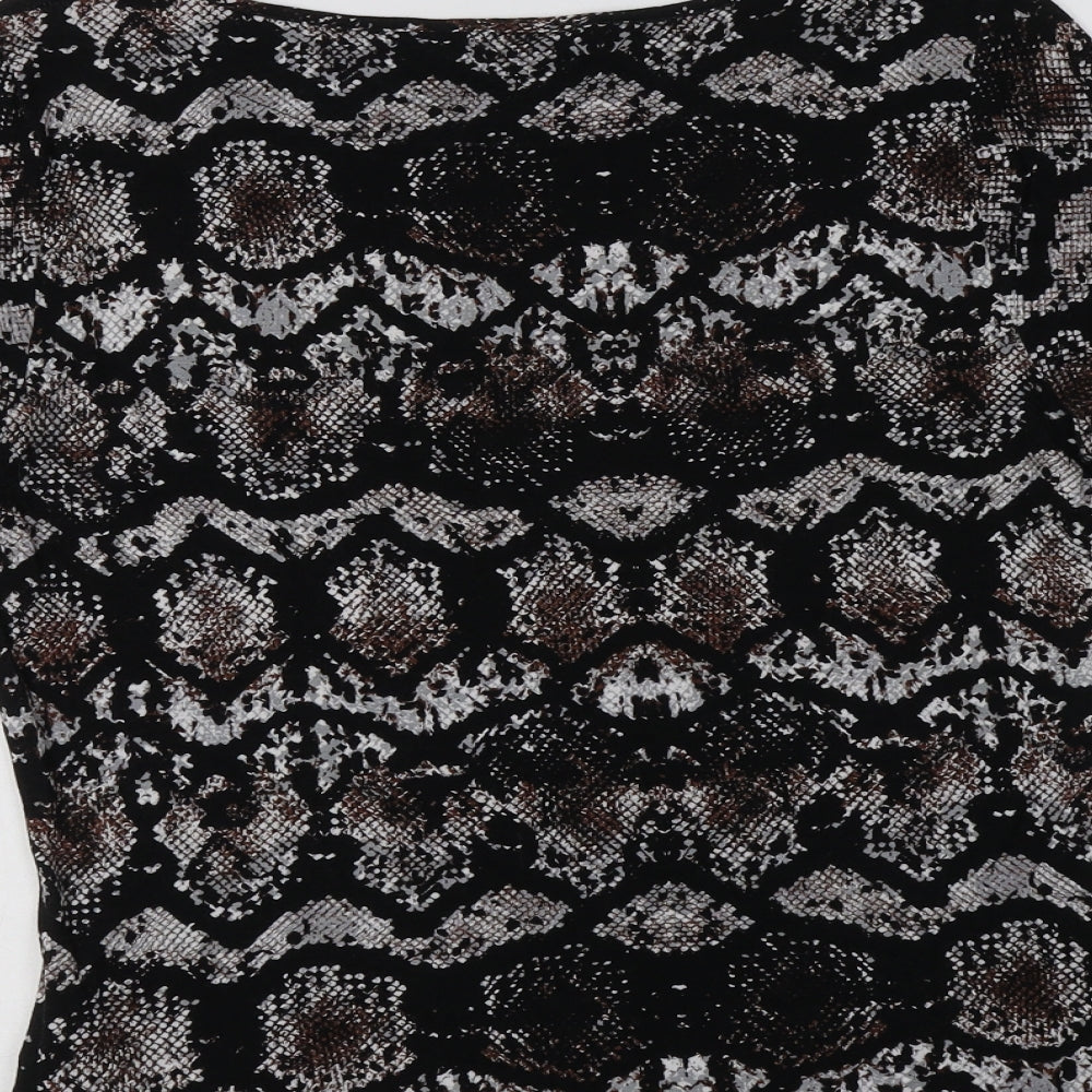 M&S Womens Black Animal Print Viscose Basic Blouse Size 12 Boat Neck