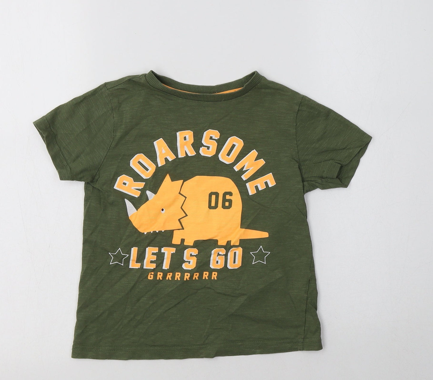 F&F Boys Green  Cotton Basic T-Shirt Size 5-6 Years Crew Neck  - Dino