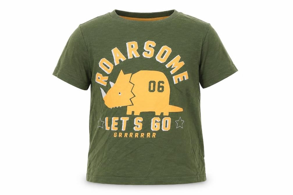 Front view of F&F boys’ green cotton basic t-shirt, size 5-6, years crew neck - dino