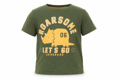 Front view of F&F boys’ green cotton basic t-shirt, size 5-6, years crew neck - dino