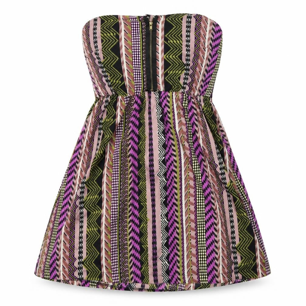 Front view of Mela Lover London women’s multicoloured geometric polyester a-line, size UK 10, one shoulder