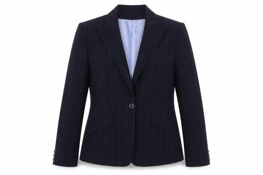 Front view of Debenhams women’s blue pinstripe polyester jacket suit jacket, size UK 14