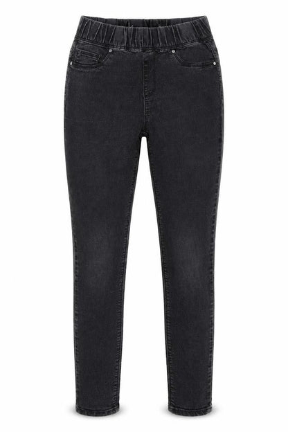 Front view of women’s black cotton jegging jeans, size UK 10, 28-inch leg regular