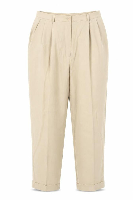 Front view of Marks & Spencer women’s beige viscose dress pants trousers, size UK 14, 24-inch leg regular