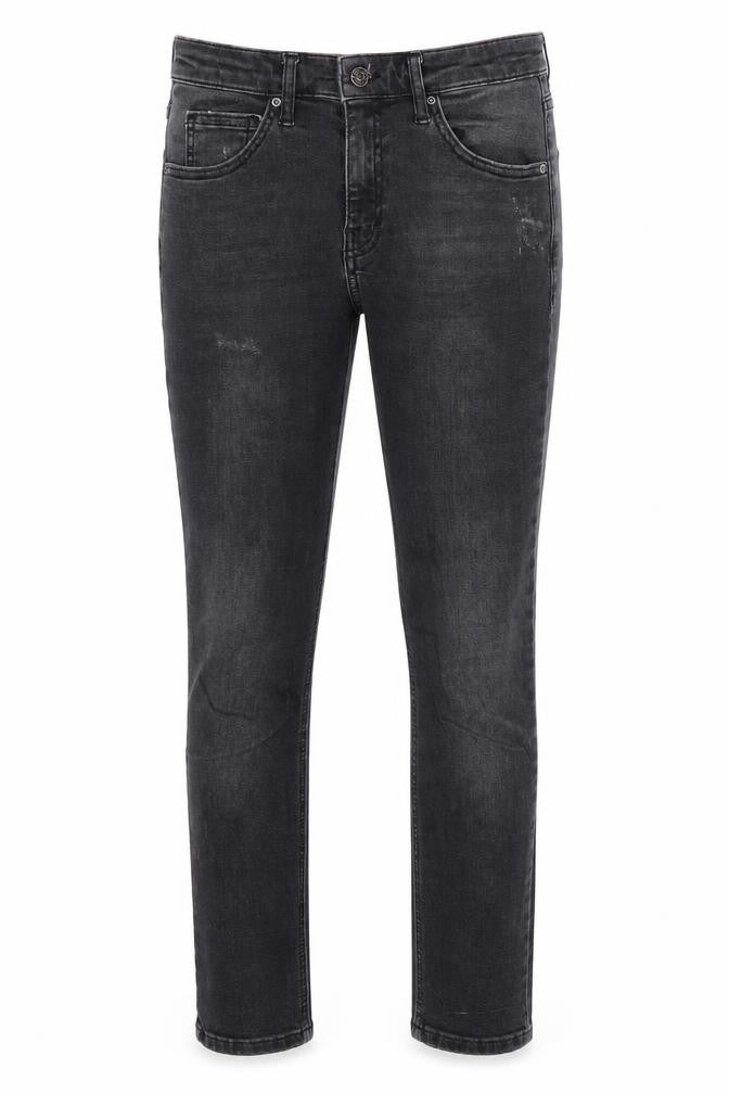 Front view of TopShop Moto men’s black cotton skinny jeans, size 28, in, 26-inch leg regular