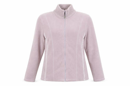 Front view of //Text.. women’s grey crew neck polyester full zip jumper, size M