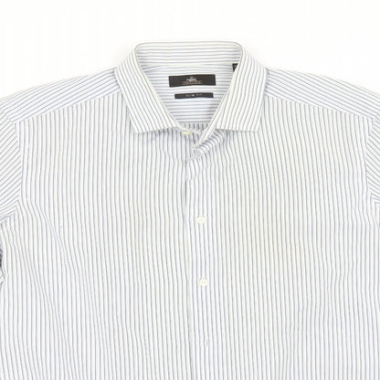 NEXT Mens Blue Striped Polyester  Button-Up Size 15.5 Collared