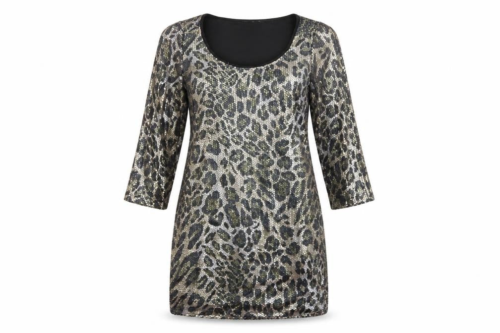 Front view of Drama Queen women’s multicoloured animal print polyamide a-line, size UK 12, round neck