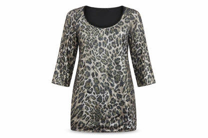 Front view of Drama Queen women’s multicoloured animal print polyamide a-line, size UK 12, round neck