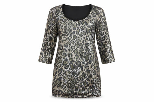 Front view of Drama Queen women’s multicoloured animal print polyamide a-line, size UK 12, round neck