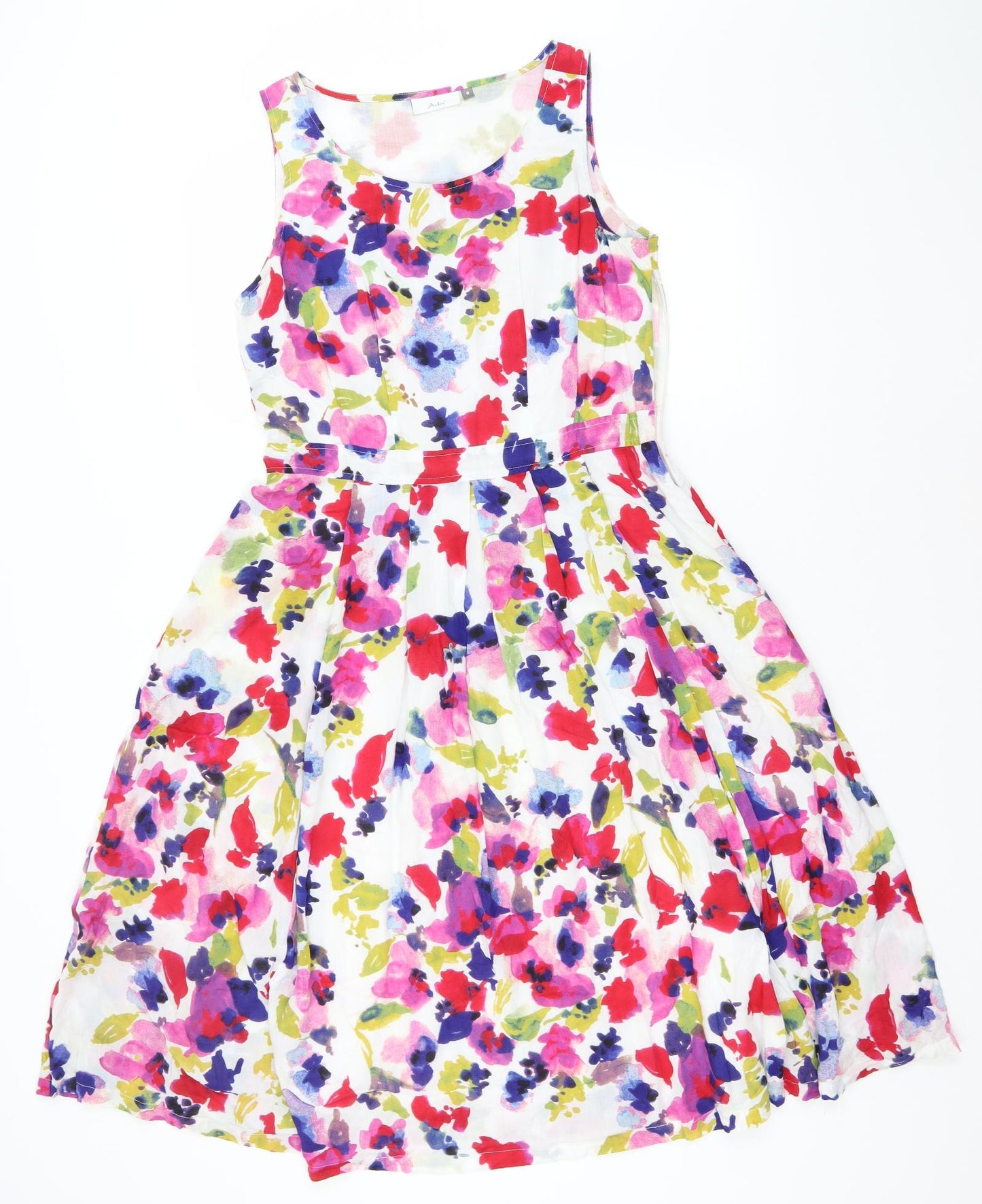 Adini Womens White Floral Cotton A-Line  Size S  Round Neck